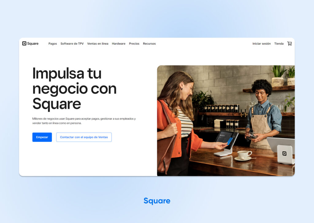 El titular de la página de inicio de Square dice: "Impulsa tu negocio con Square" y muestra lectores de tarjetas.