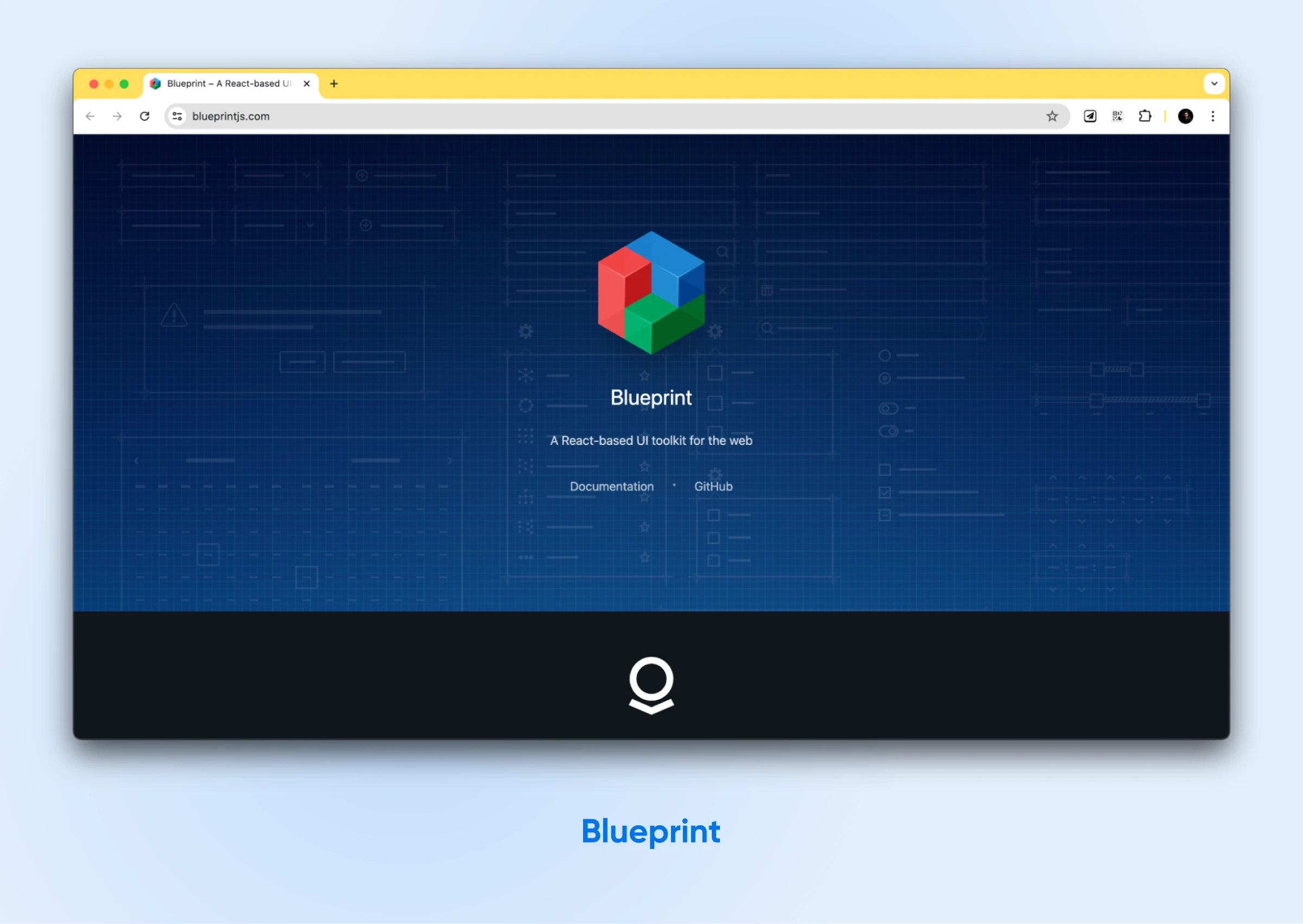 Blueprint homepage, a React-based UI toolkit for the web, with a geometric blue logo on a dark blue background.