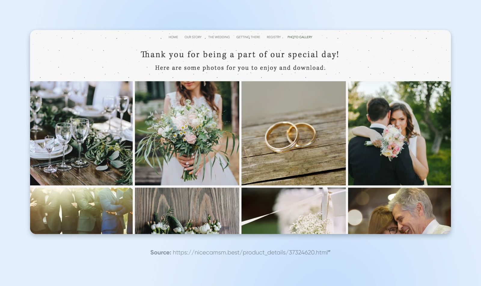 "Thank you for being a part of our special day!" message on the wedding website, mentioning photos to enjoy and download.