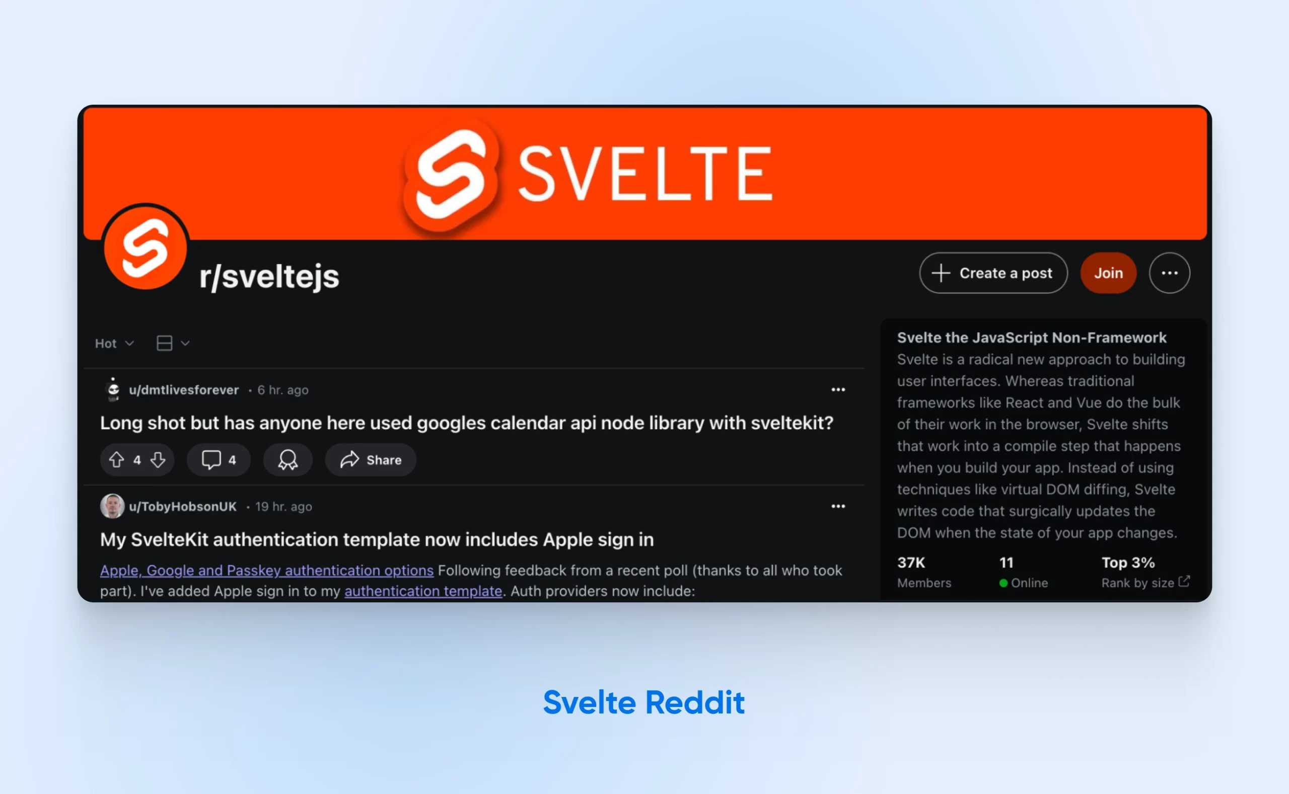 The r/sveltejs subreddit is shown. It has a large orange banner and shows 7K members.