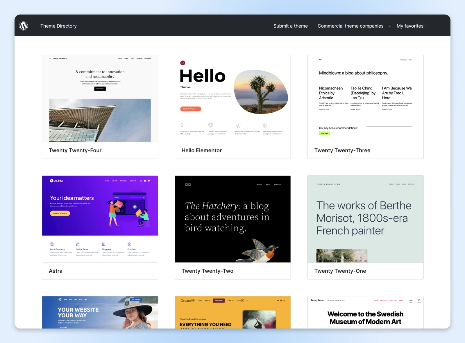 WordPress theme directory page with a grid of themes including "Hello" theme and others like blogs and an art museum site.