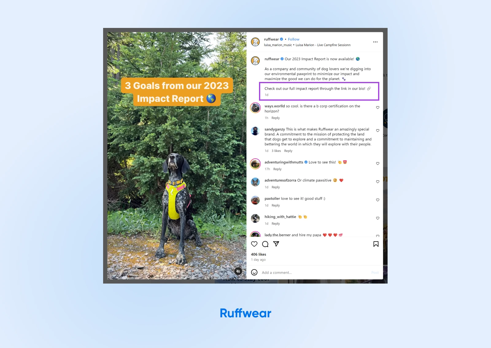 Instagram post by Ruffwear showcasing 2023 Impact Report, featuring dog in yellow harness amid forest backdrop.