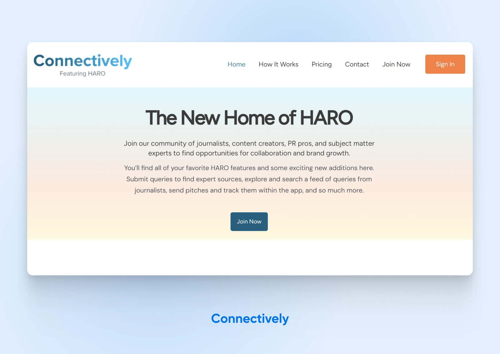 Website homepage for Connectively, new home of HARO, offering collaboration for journalists and content creators