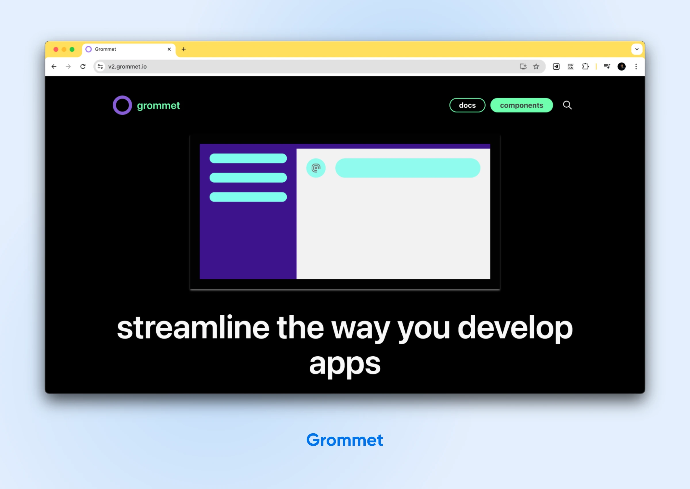 Grommet homepage describing it as a tool to "streamline the way you develop apps" with a purple and white color scheme.