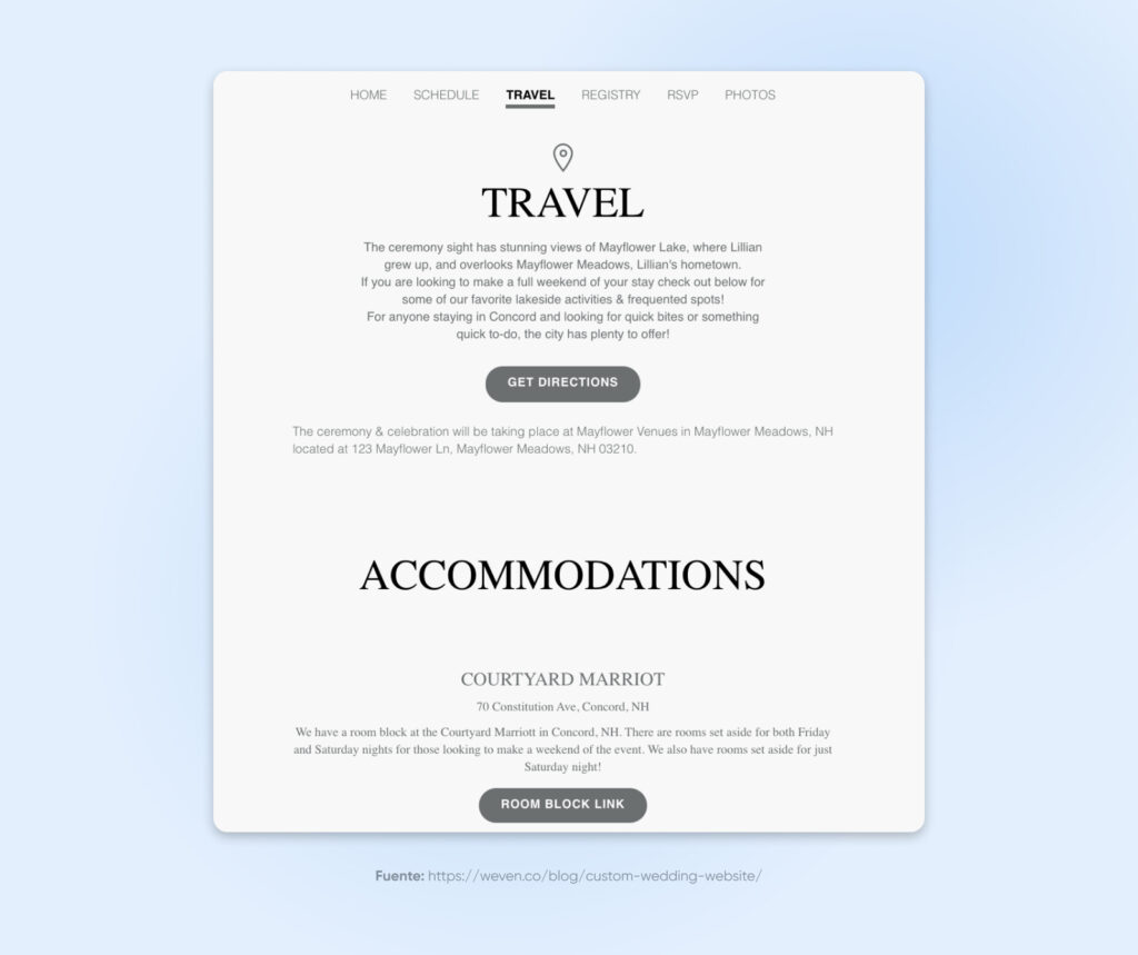 Travel and Accommodation page with ceremony location map and addresses for ceremony, reception, and hotel information.