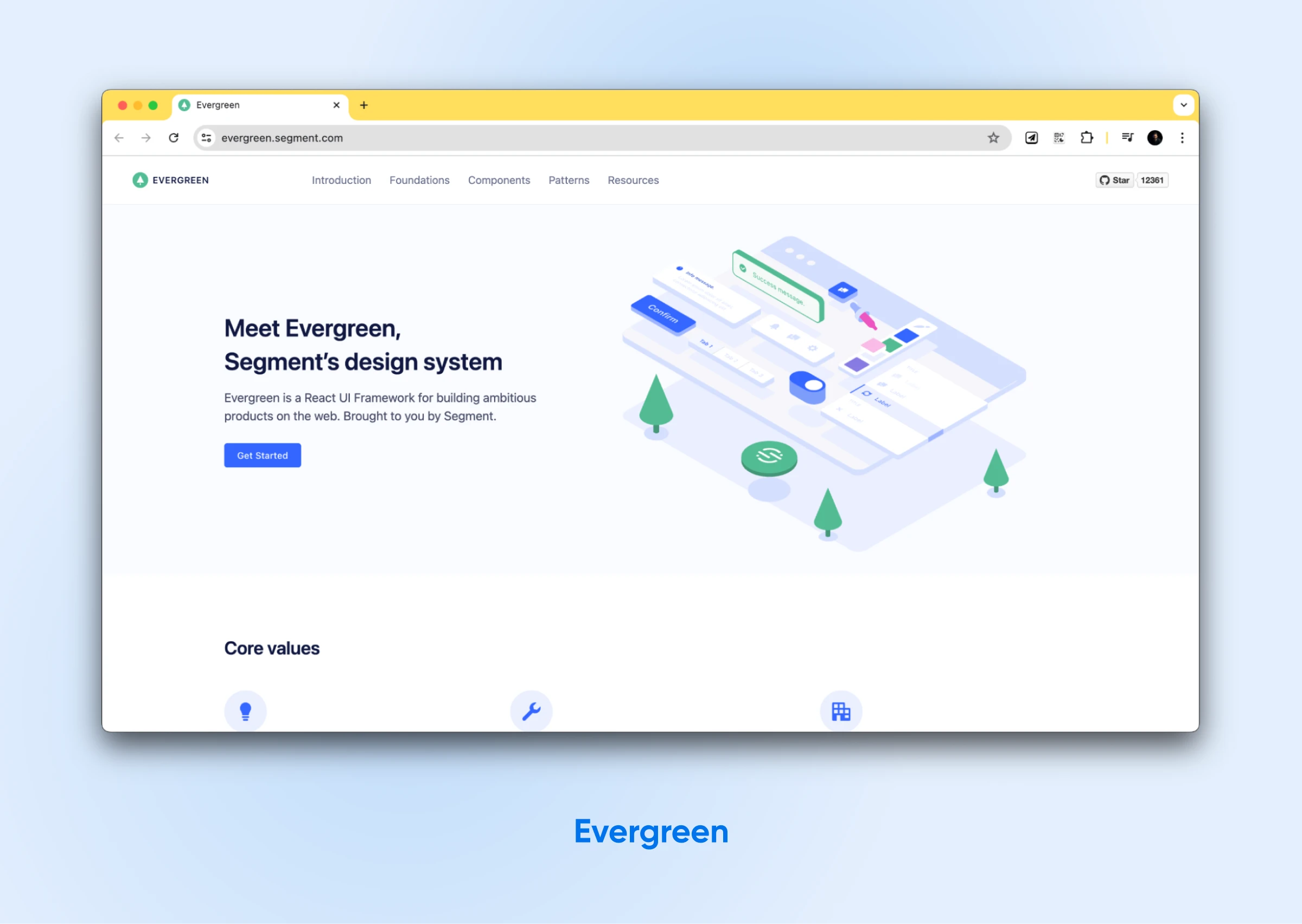 Evergreen homepage screenshot, a React UI library by segment, showcasing its design system and core values.