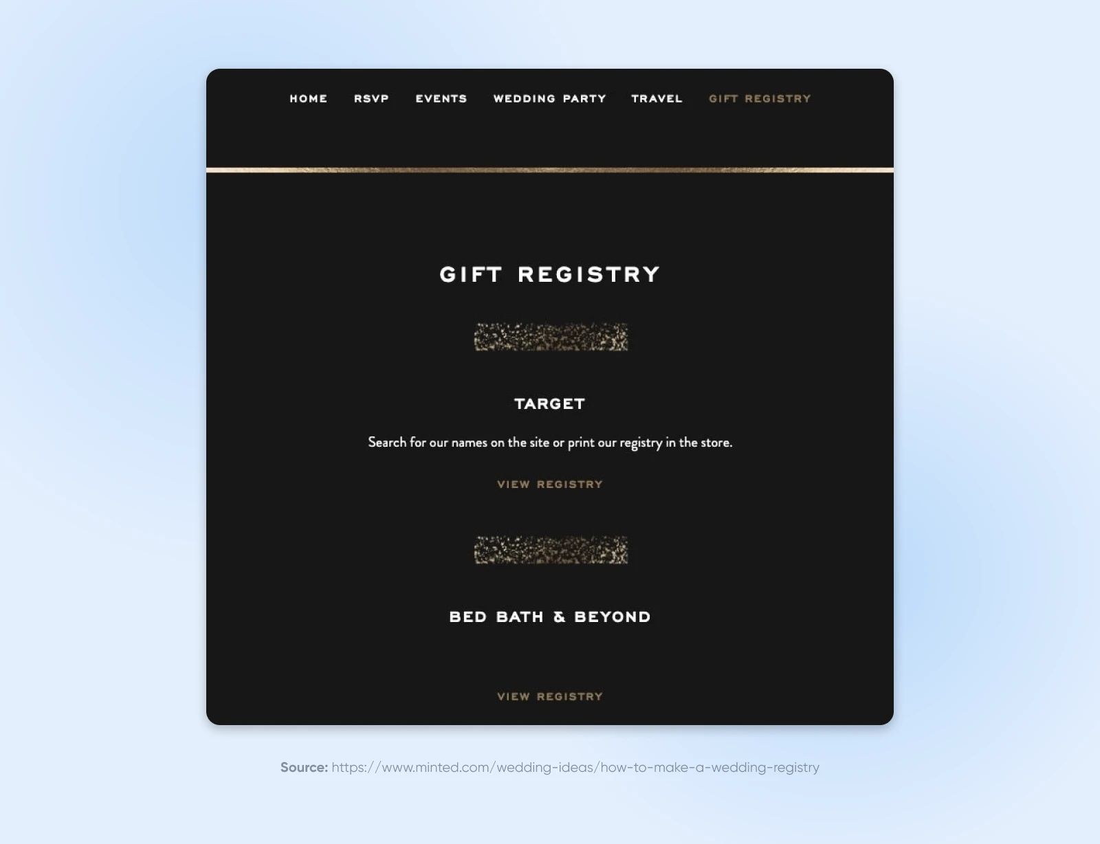 Wedding website gift registry page. Options for Target and Bed Bath & Beyond, with navigation menu and view registry buttons