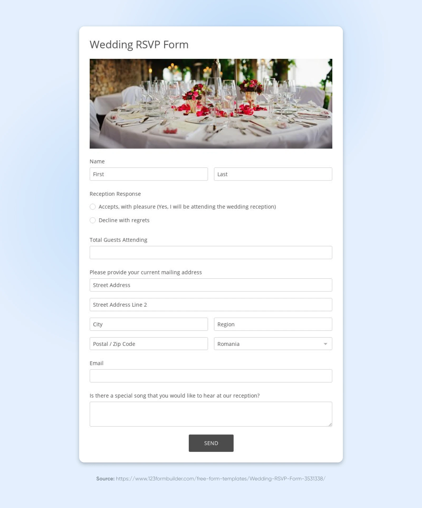 Online wedding RSVP form with input fields for name, attendance, guest count, mailing address, email, and song request.