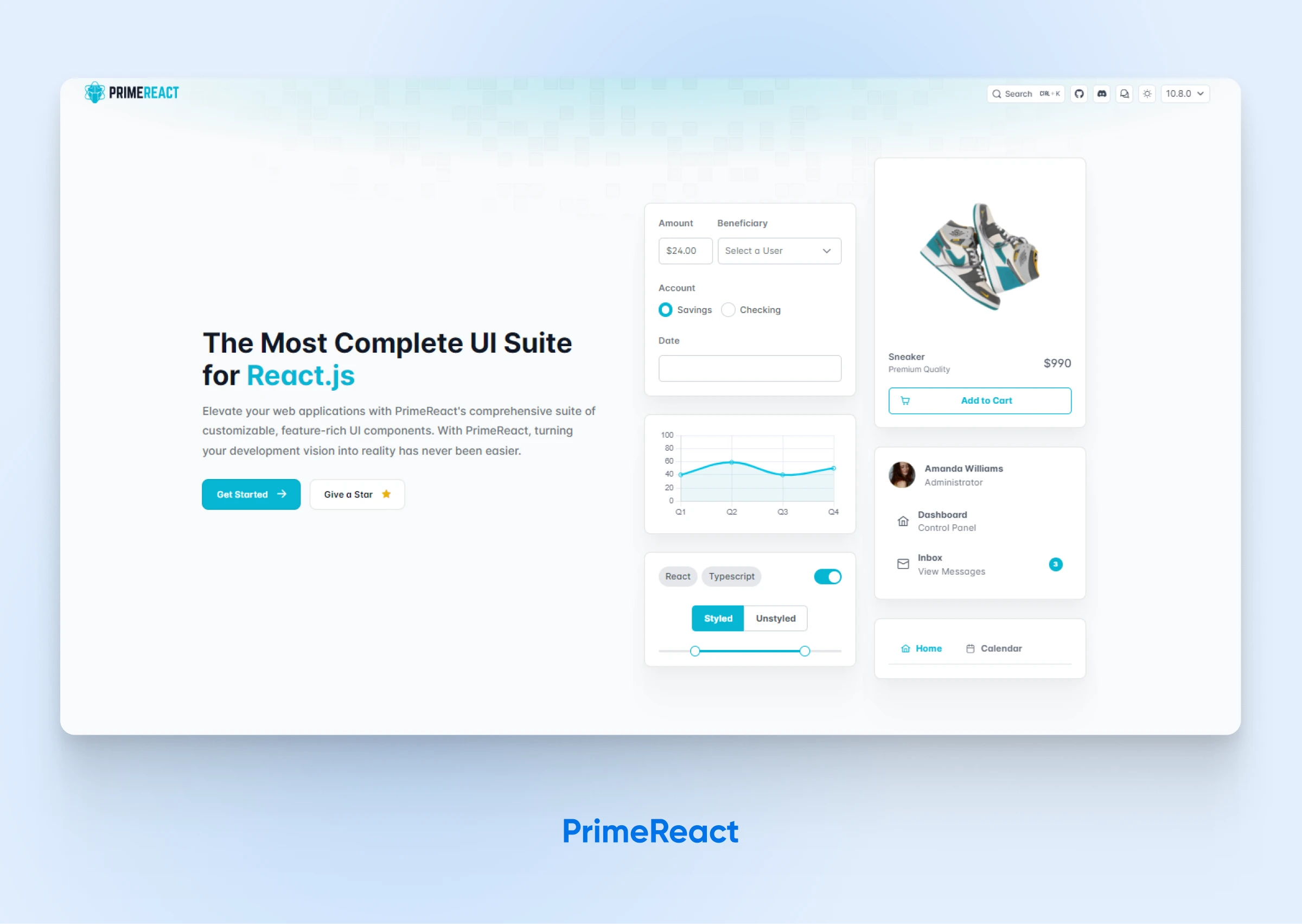 screenshot of PrimeReact's homepage