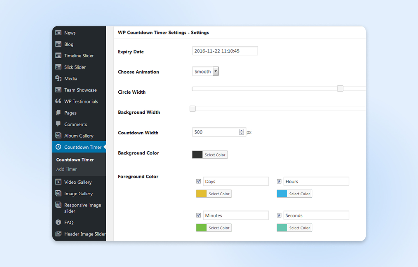 Panel de administración de WordPress que muestra la configuración del complemento del temporizador de cuenta regresiva con opciones de fecha de vencimiento, colores y visualización.