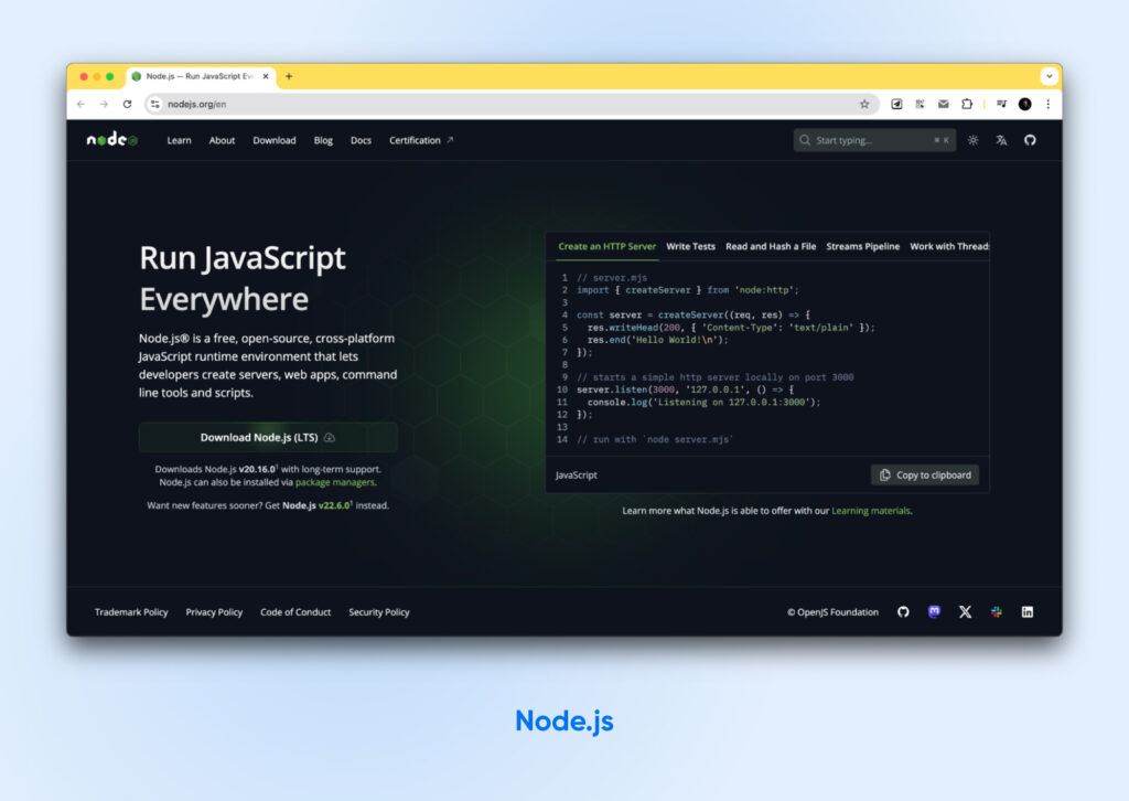 Captura de pantalla de la página de inicio de node.js con encabezado Ejecutar JavaScript en todas partes