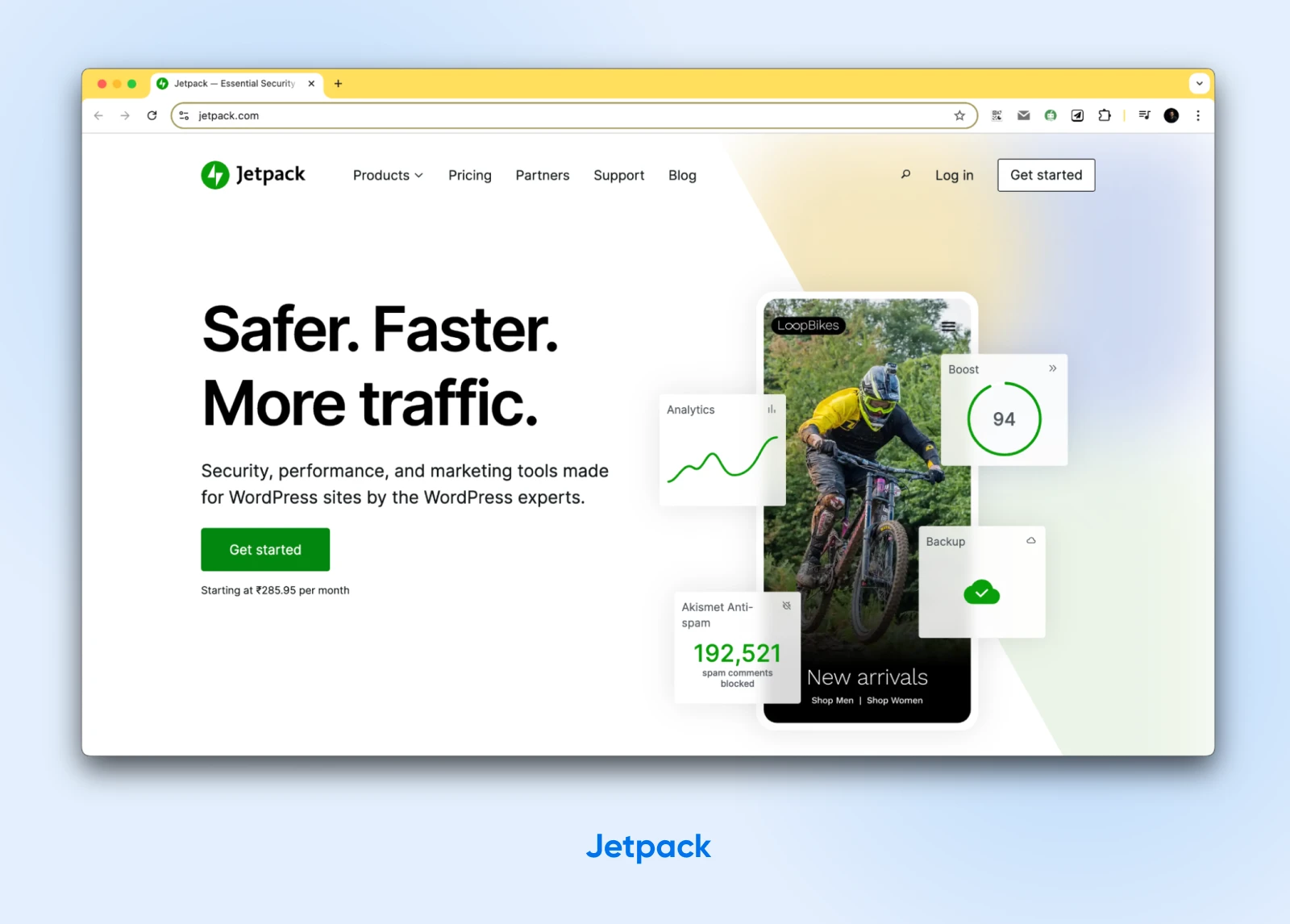 screenshot of the Jetpack homepage with heading "Safe. Faster. More traffic." 