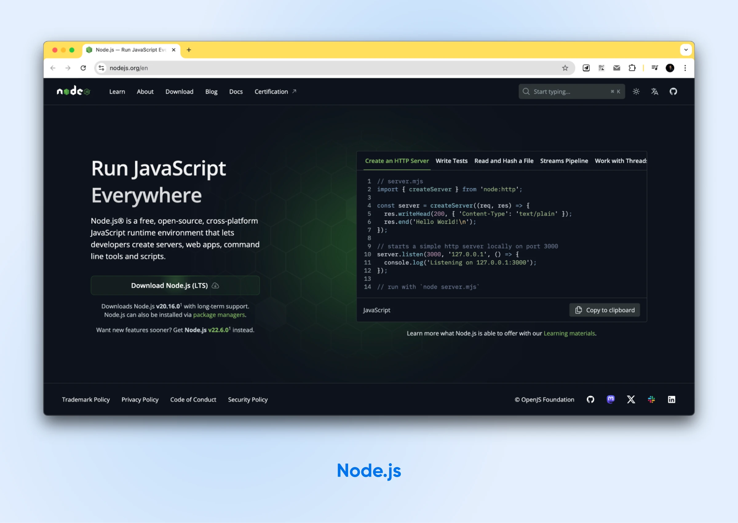 screenshot of node.js homepage with header Run JavaScript Everywhere