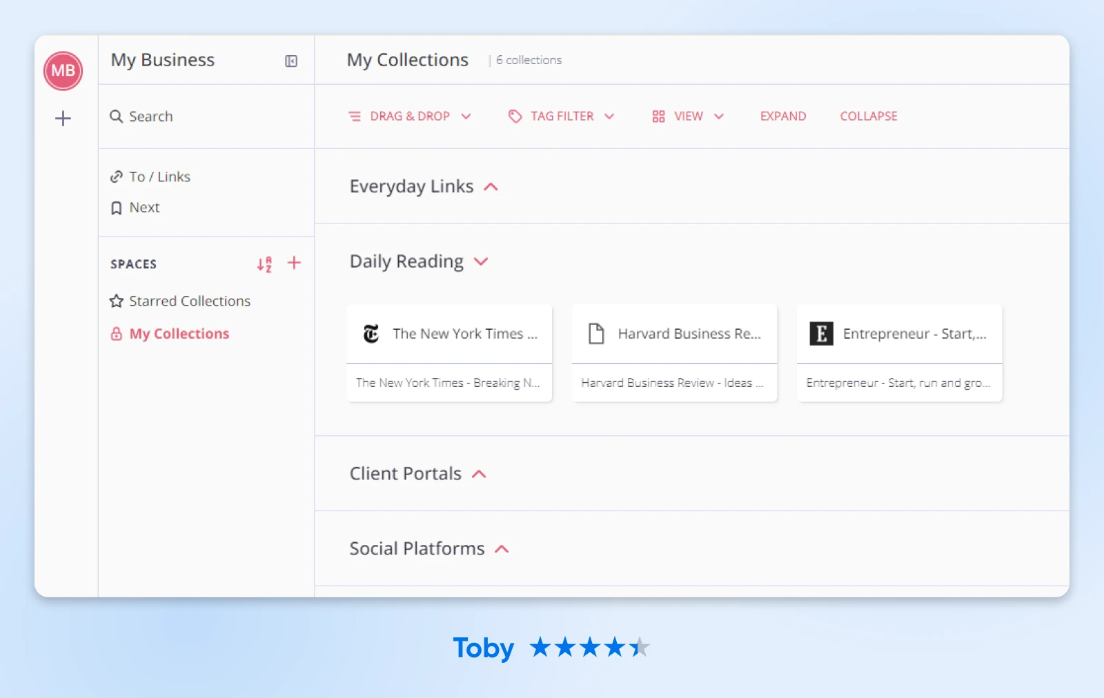 screenshot of the Toby dashboard showing different collections you can build