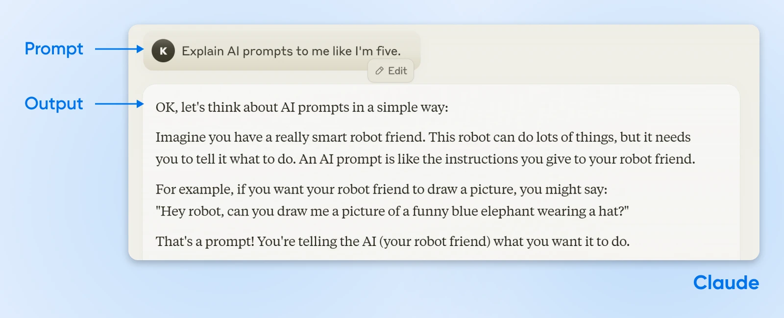 screenshot of Claude in action showing the difference between the prompt (input) and the output 