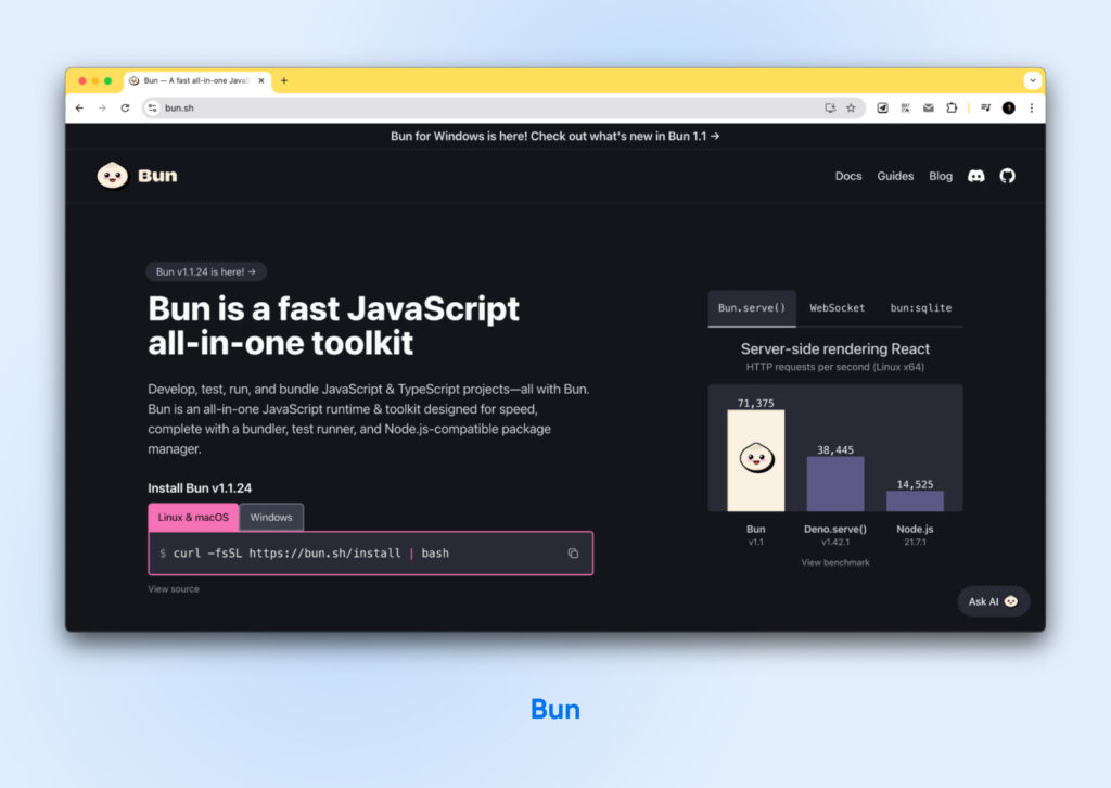 Captura de pantalla de la página de inicio de Bun con encabezado Bun es un rápido conjunto de herramientas todo en uno de JavaScript