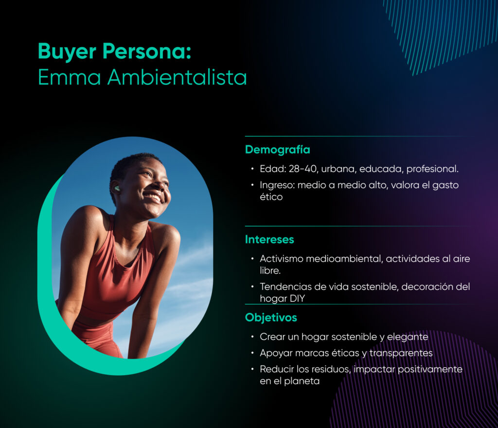 Persona compradora de Emma, ​​de 28 a 40 años, con otros datos demográficos, intereses y objetivos