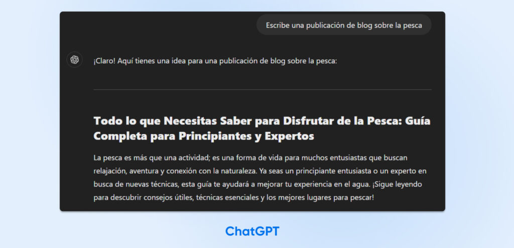 Captura de pantalla de ChatGPT sin mostrar una publicación genérica sobre el placer de pescar