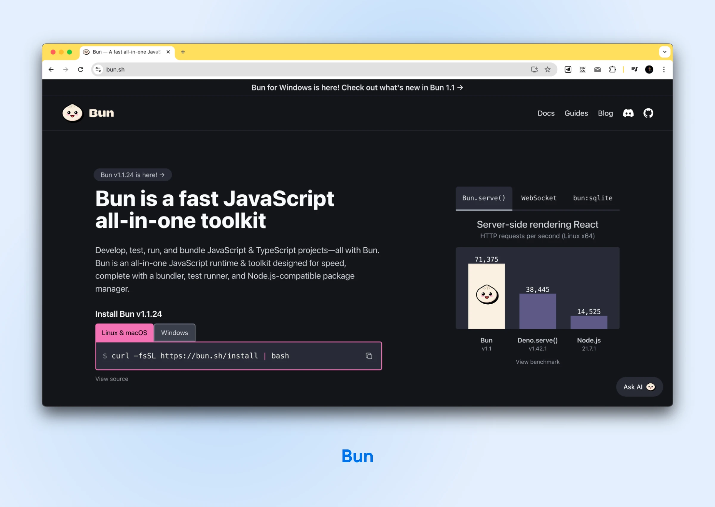 screenshot of Bun's homepage with header Bun is a fast JavaScript all-in-one toolkit