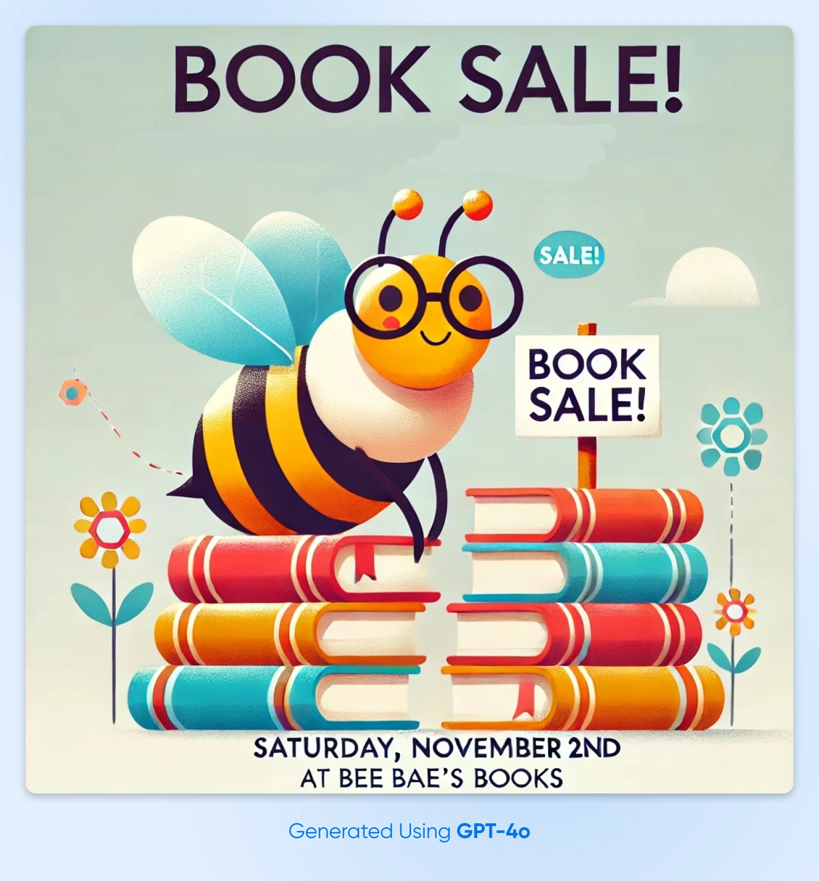 ChatGPT 4o generated social media image for a book store called Bee Bae's Books announcing an upcoming sale 