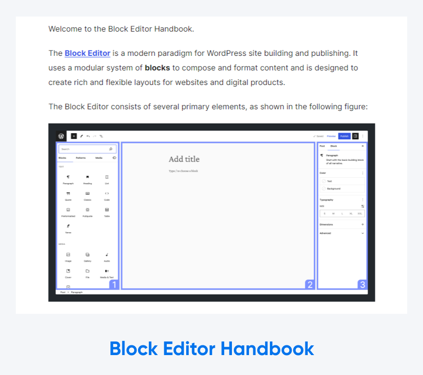 A screenshot of the Block Editor Handbook with a bit of text introducing the Block editor and showcasing the various options.