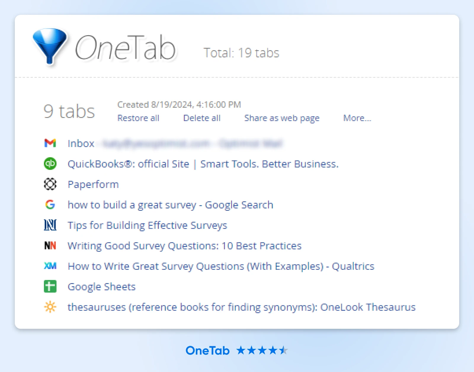 screenshot of the onetab platform showing 9 tabs and giving options to restore all, delete all, or share as web page