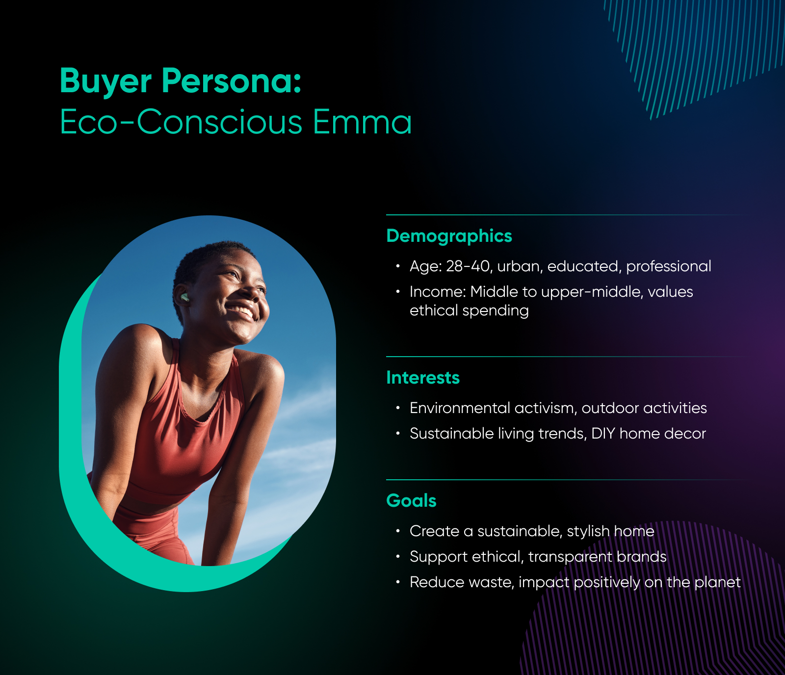 buyer persona for Emma, age 28-40 with other demographics, interests, and goals