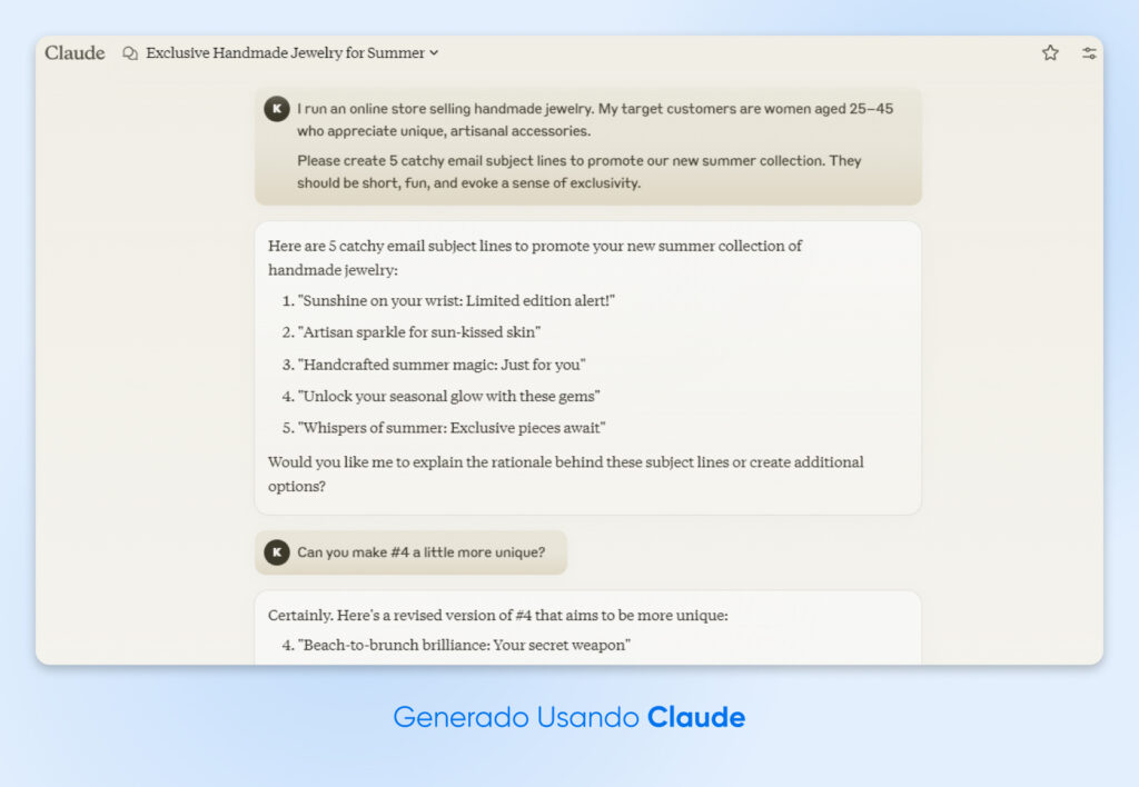 Captura de pantalla de Claude proporcionando cinco líneas de asunto de correo electrónico y el usuario solicitando que se haga uno más exclusivo con un nuevo resultado.