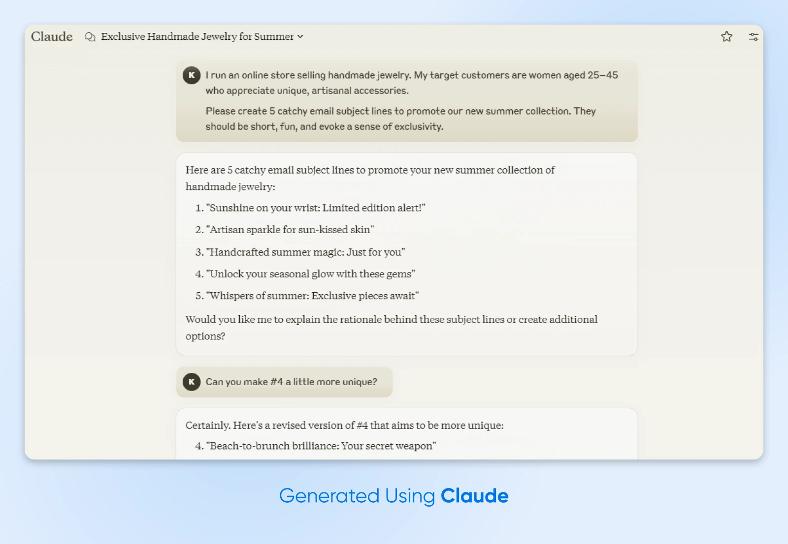 screenshot of Claude providing five email subject lines and the user asking to make on more unique with a fresh output 