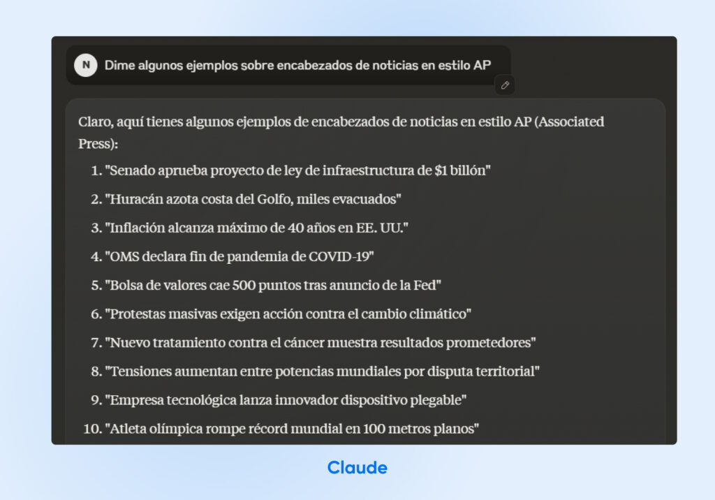 Salida de Claude que muestra una lista de diez títulos de noticias hipotéticos en una lista numérica