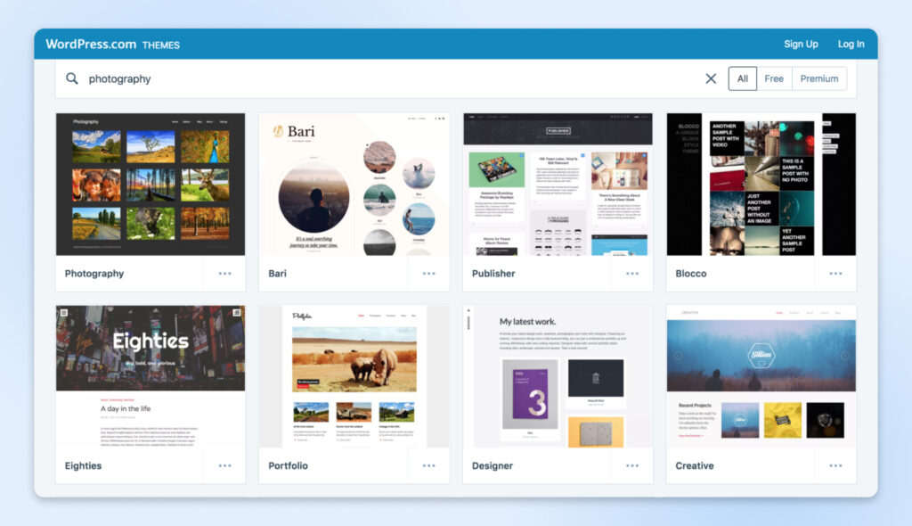 screenshot of Word.Press.com themes after the search of "photography" 