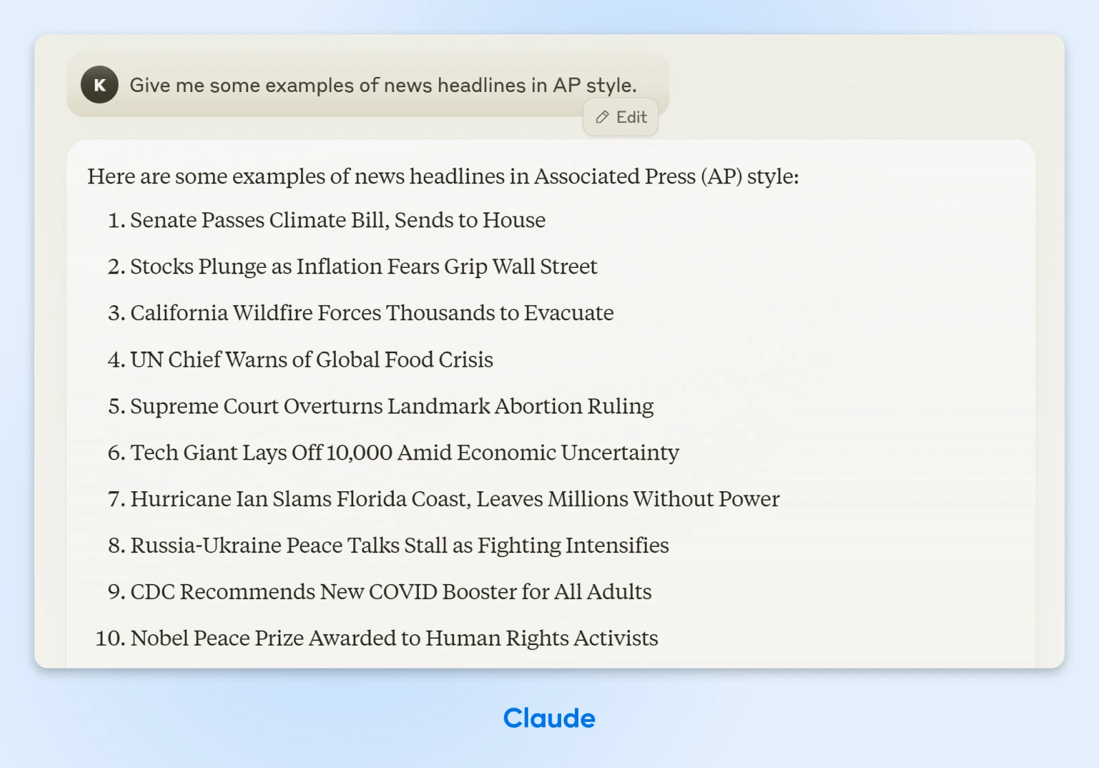 Claude output showing a list of ten hypothetical news titles in a numeric list 