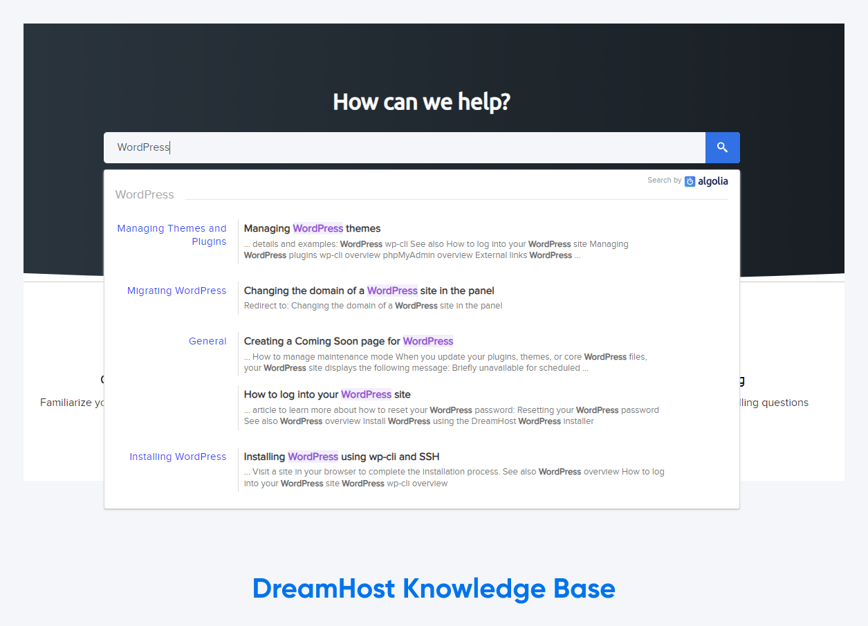 screenshot of DreamHost Knowledge Base with "WordPress" typed into the search bar and a few of the top results like "Manaing WordPress themes." 