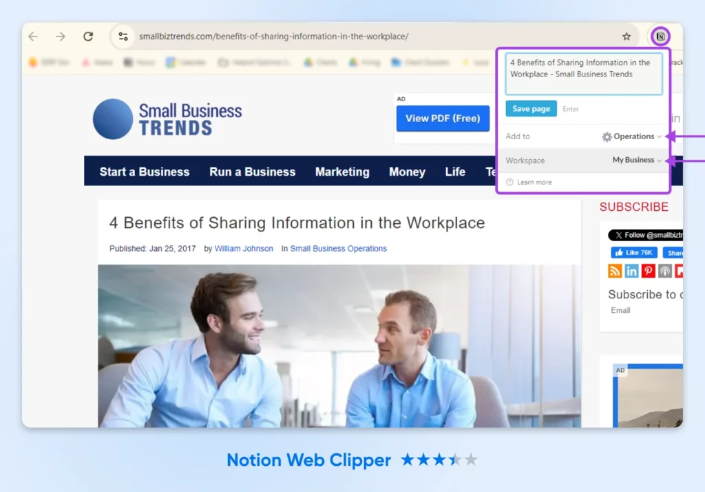 screenshot of the Notion extension open to a page on small business trends with options to Notion page options for saving