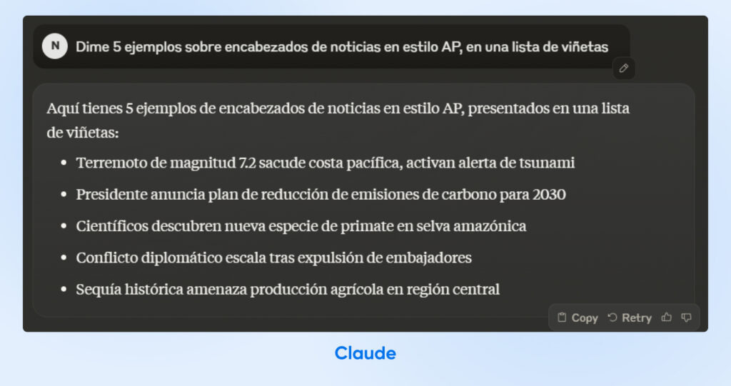 Lista de cinco títulos de noticias hipotéticos en una lista con viñetas