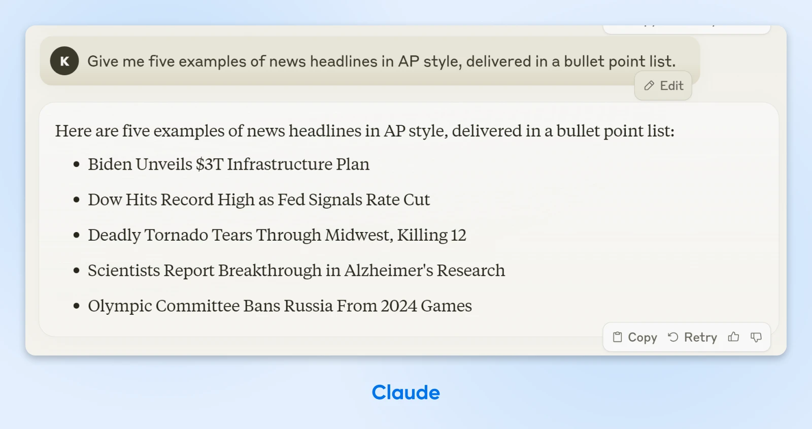 list of five hypothetical news titles in a bulleted list 