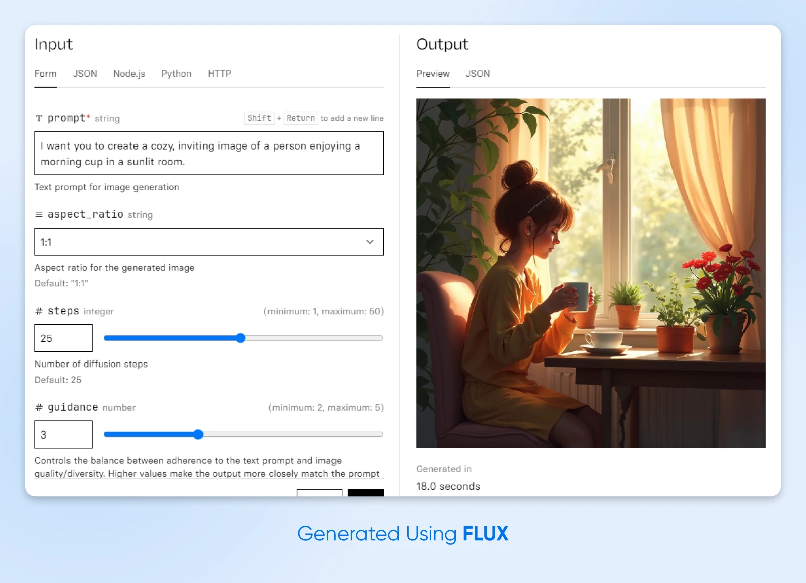 FLUX generated image showing the prompt input on the left and an image of a woman sitting at a sunbathed table drinking coffee or tea