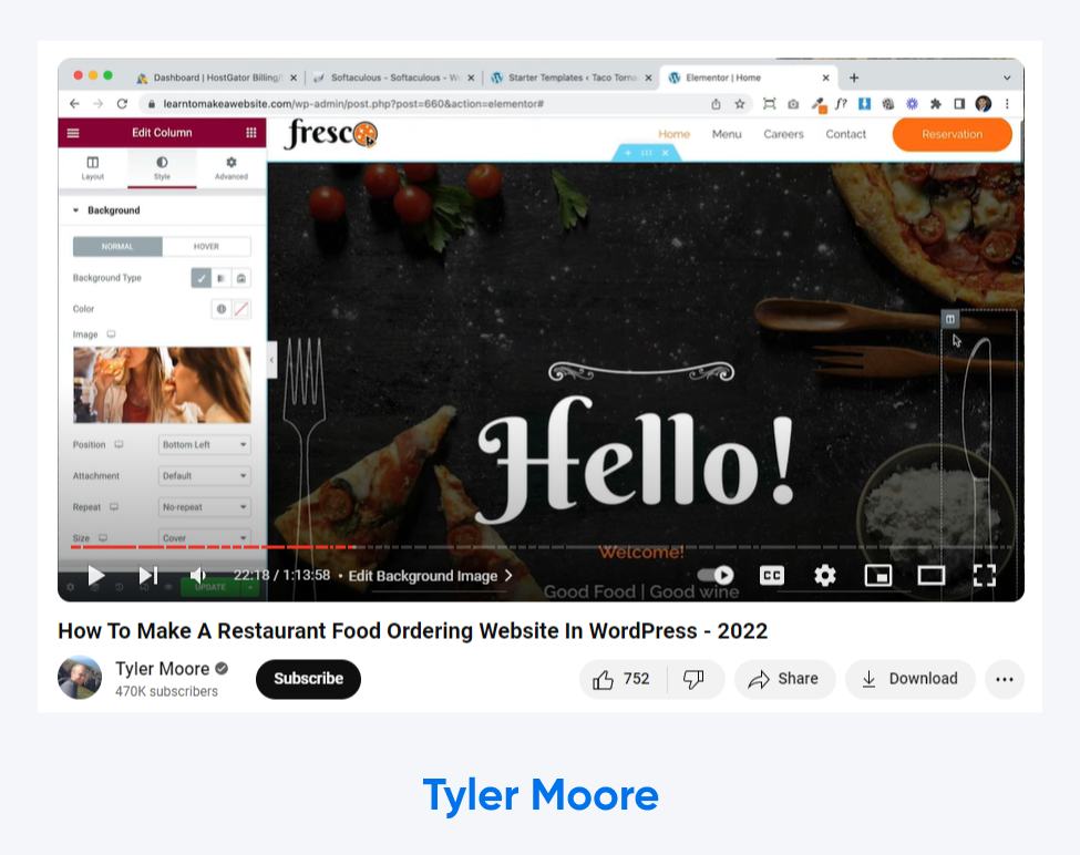 screenshot of a Tyler Moore video on YouTube titled "How To Make A Restaurant Food Ordering Website In WordPress - 2022" 