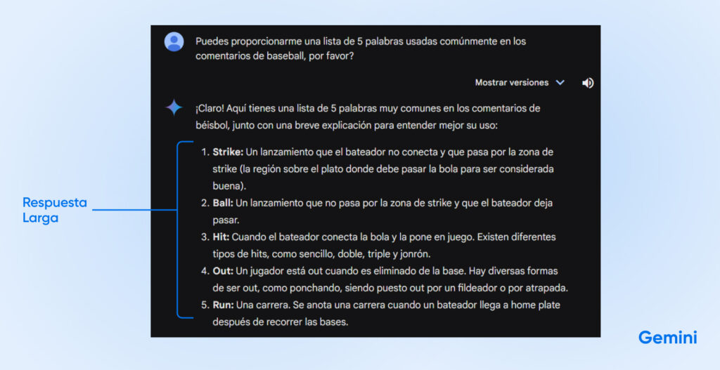 Salida de Géminis con una lista de términos como "Strike" y "Run" con explicaciones para cada uno.