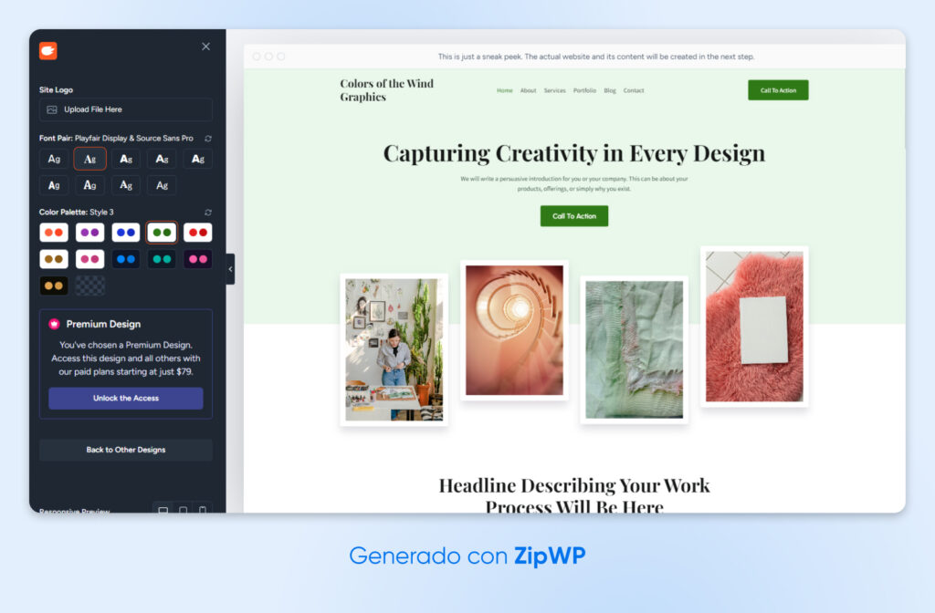 Captura de pantalla de ZipWP que muestra el paso en el que el usuario puede cambiar la fuente, los colores y otros elementos de diseño.