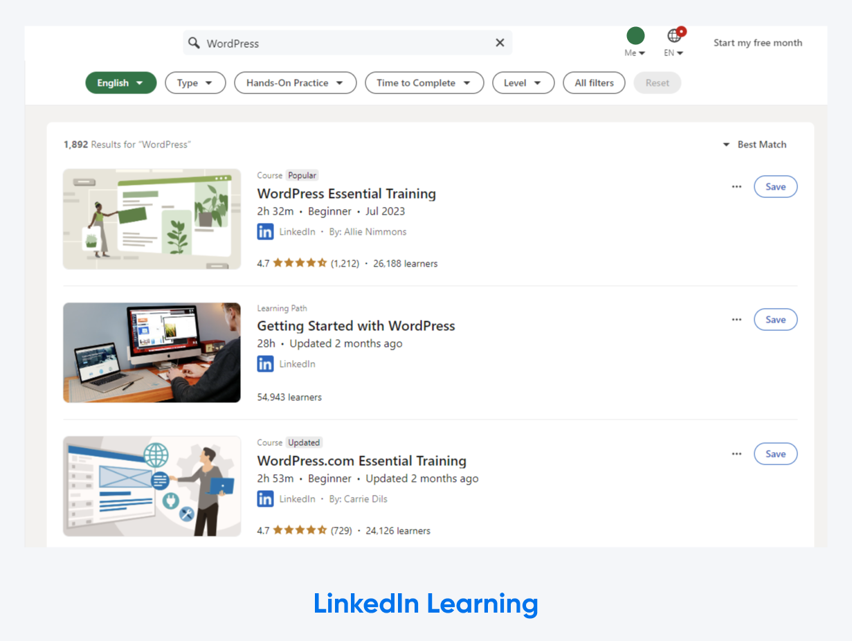 Screenshot of the LinkedIn Learning center with "WordPress" entered in the search bar and some of the top results including WordPress Essential Training.