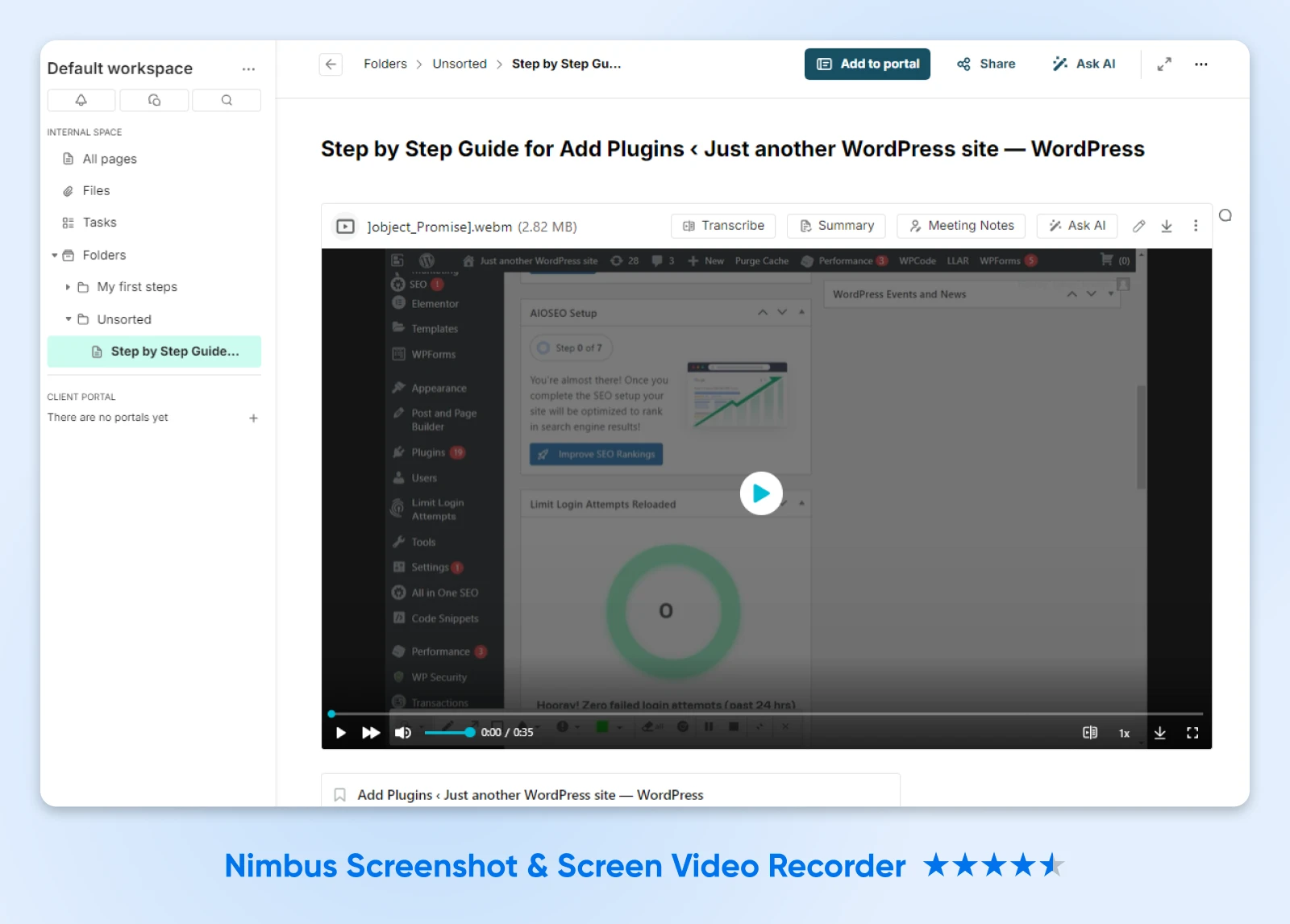 screenshot of the Nimbus video player with a step-by-step guide for adding plugins displaying 