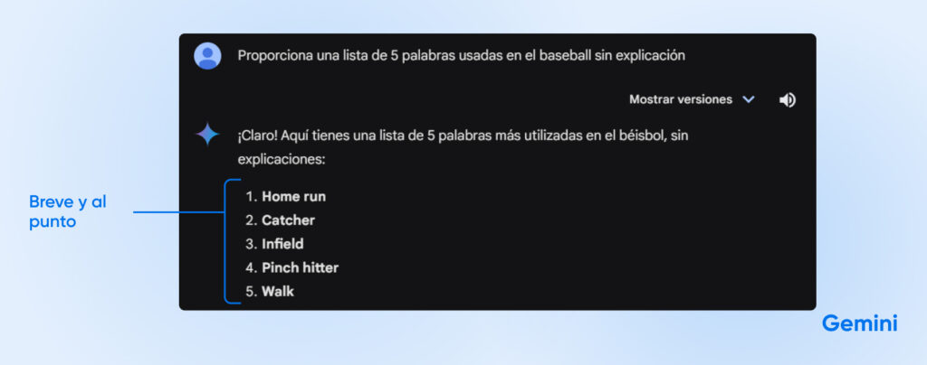 Salida de Géminis que muestra una breve elevación de cinco términos, incluidos homerun y infield