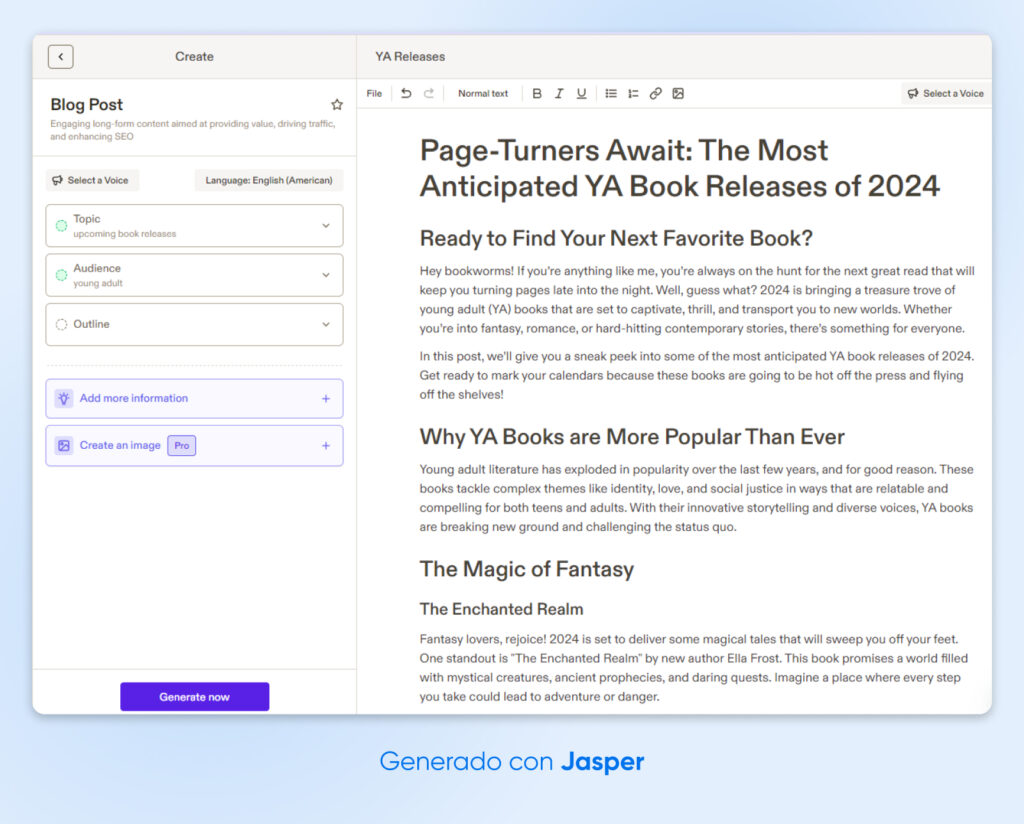 Captura de pantalla que muestra la publicación de Jasper en una publicación en bloque sobre los próximos lanzamientos de libros para jóvenes adultos formateados con encabezados, subtítulos y párrafos.