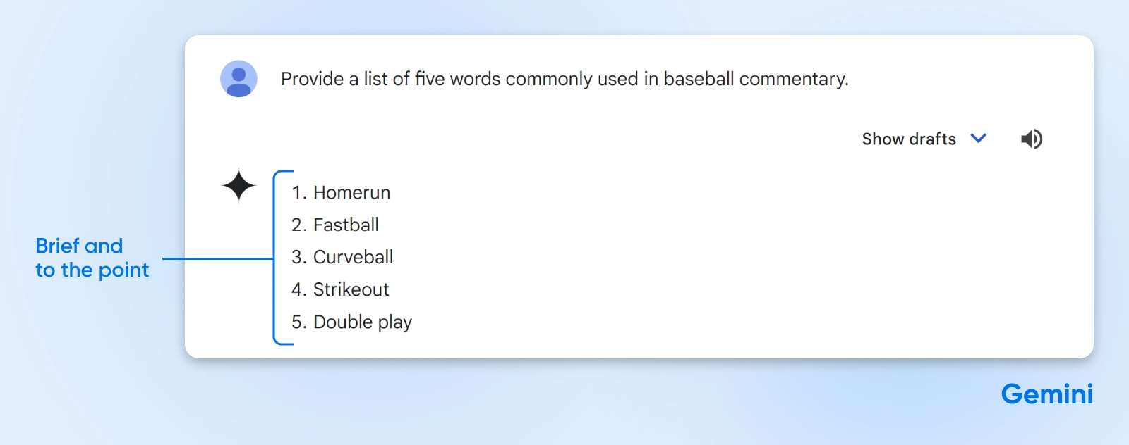 Gemini output showing a brief lift of five terms including fastball and strikeout