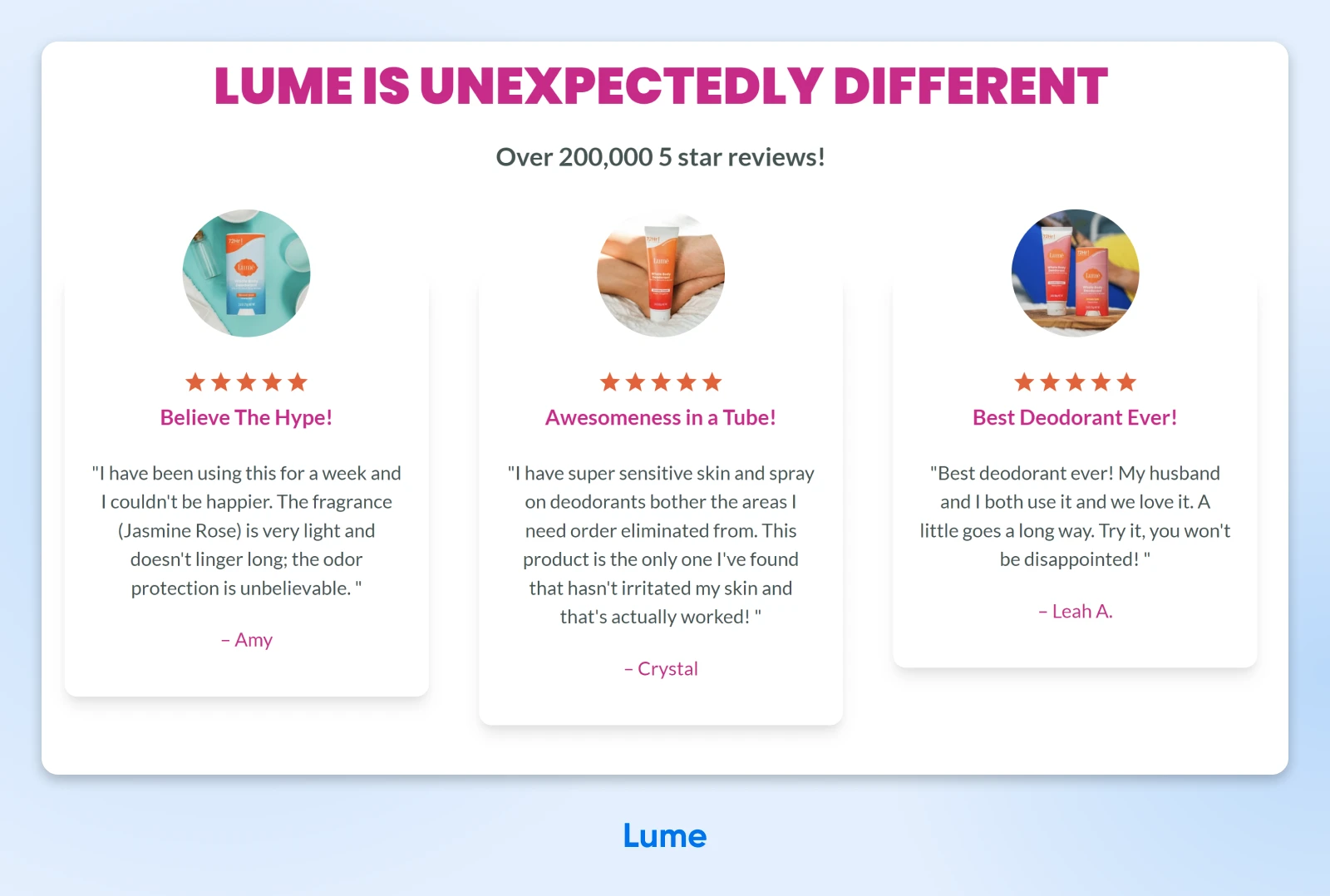 screenshot of three testimonials on Lume's homepage with header Lume is unexpectedly different 