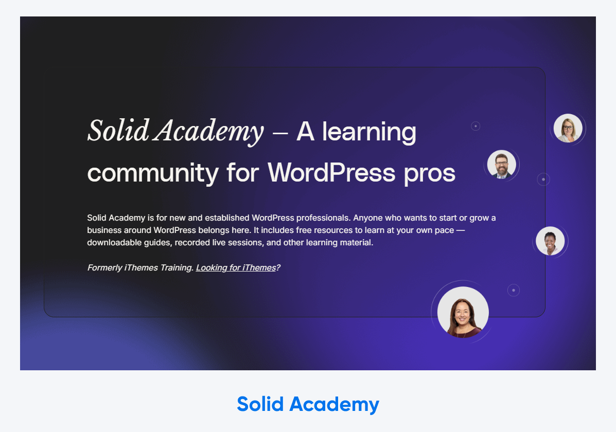 Screenshot of the Solid Academy website with heading "Solid Academy — A learning community for WordPress pros."