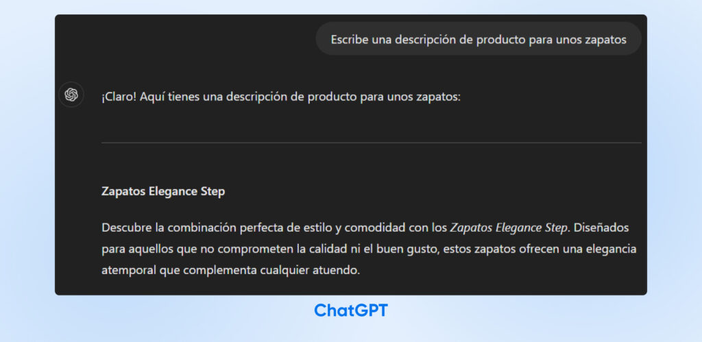 Captura de pantalla de ChatGPT que muestra el resultado con una descripción muy larga de zapatos versátiles y cómodos.