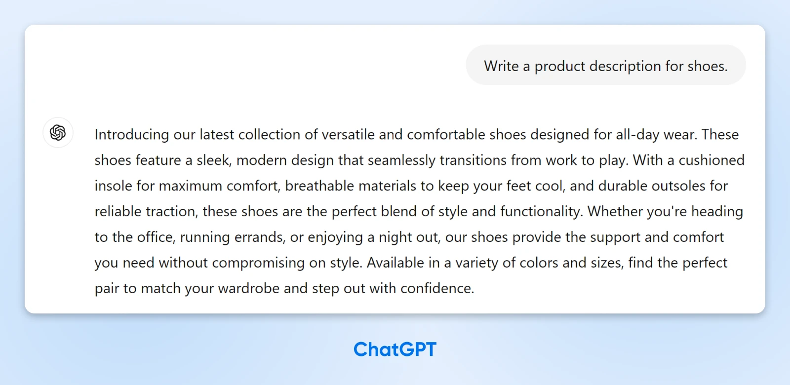 screenshot of ChatGPT showing output with a very long description of versatile and comfortable shoes