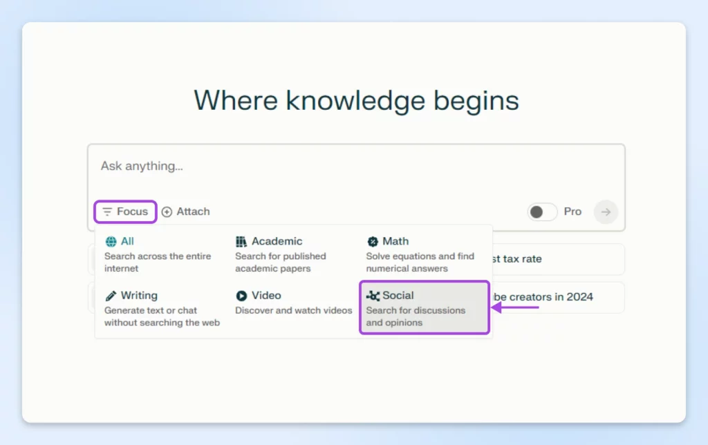screenshot of Perplexity screen showing where to find the focus button and the social button under the drop-down that appears